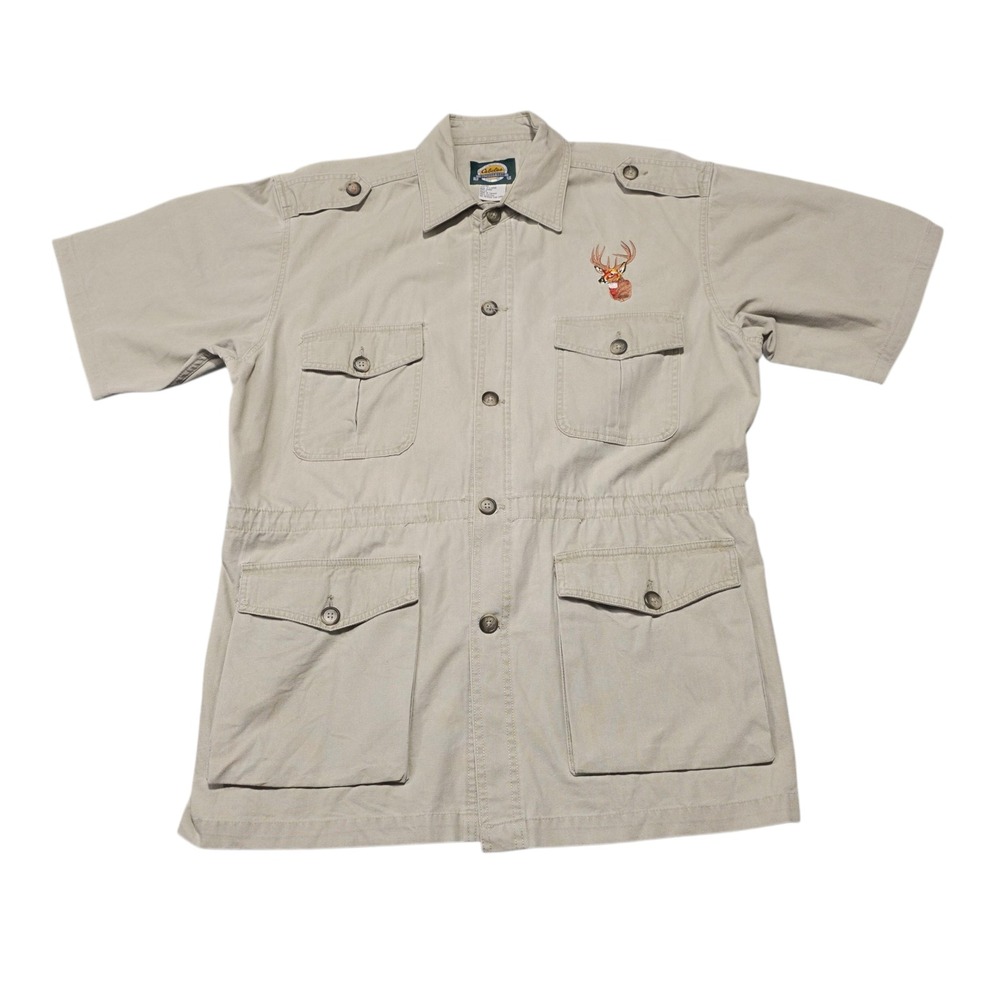 Cabelas Outdoor Gear Mens XL Beige Short Sleeve Shirt Deer Embroidery - Picture 2 of 9